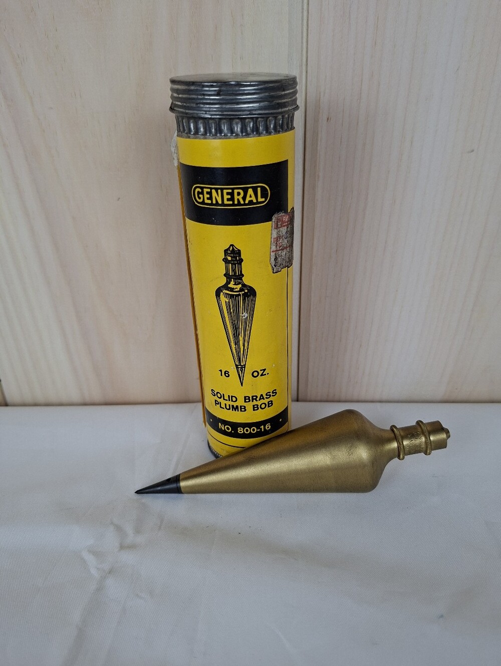 Vintage GENERAL Hardware No. 800 Solid Brass Plumb Bob 16 Oz Original Container